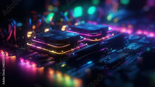 Illustration of circuit board with computer motherboard component with chip structure in neon cyberpunk style