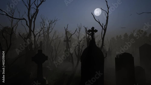 3D-rendering. Camera fly over an old abandoned cemetery under a full moon.