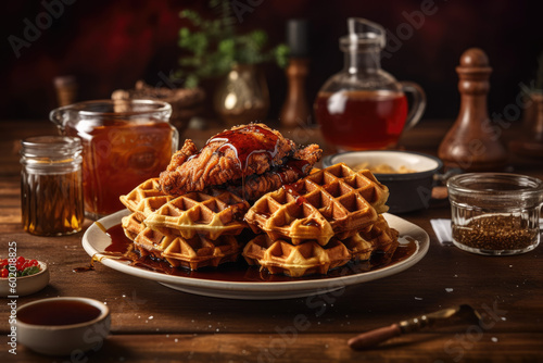 Crispy fried chicken with waffles and maple syrup