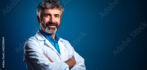 Bearded Male Doctor Medical Professional with Stethoscope on Blue Background, AI Generative