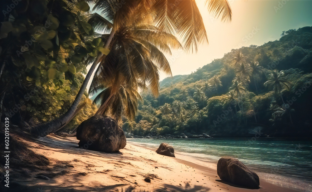 a beach in the sun with palm trees by the water - obrazy, fototapety, plakaty 