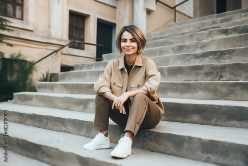 A young Asian woman standing on an outdoor staircase, looking cool and stylish in her perfectly coordinated outfit. generative AI