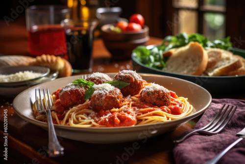 Spaghetti and meatballs with marinara sauce and parmesan cheese