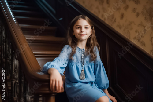 a young girl strikes a pose on an outdoor staircase, dressed in a stylish and colorful outfit that mirrors the beauty of her surroundings.