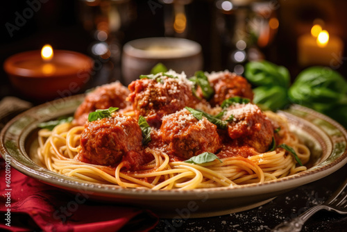 Spaghetti and meatballs with marinara sauce and parmesan cheese