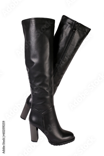 Black women's leather boots on a white background. Women's classic fashion spring and autumn high heel shoes