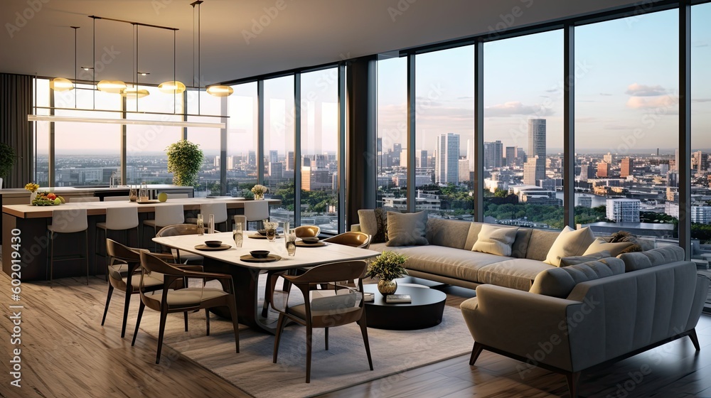 Modern and Industrial open plan living room and dining Interior of a penthouse apartment overlooking the city, AI rendered