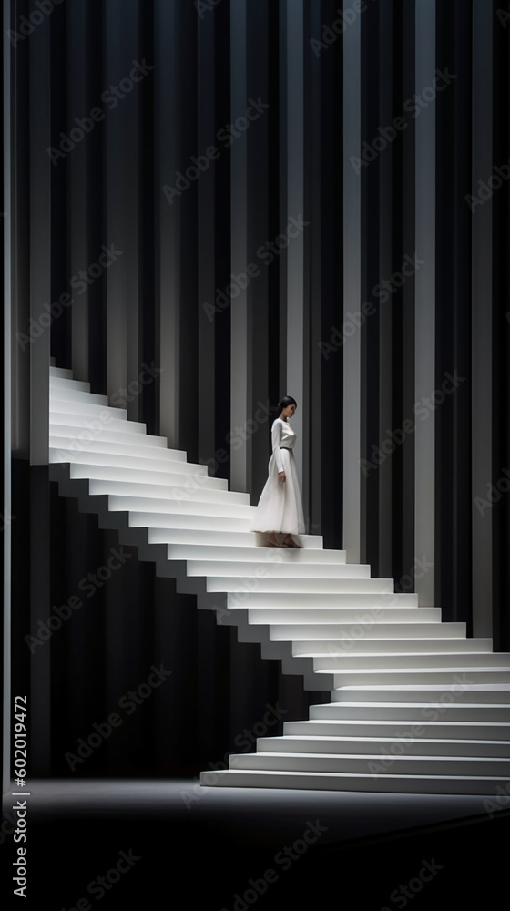 Obraz premium A woman is walking down a white staircase. AI generative