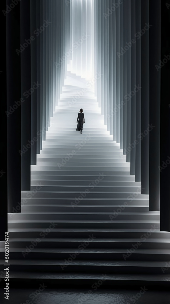 A woman is walking down a white staircase. AI generative