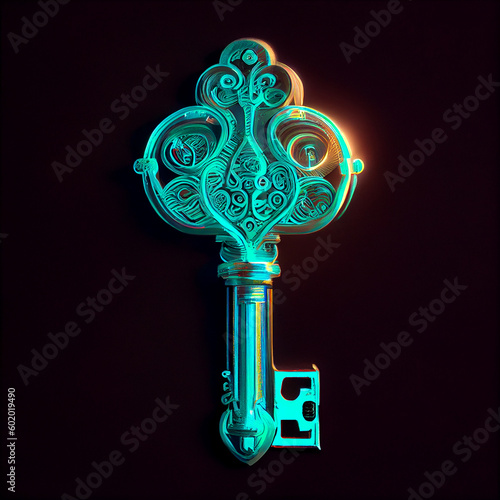 A vintage key hologram that captures the essence of a bygone era with its intricate details and timeless design, generative ai