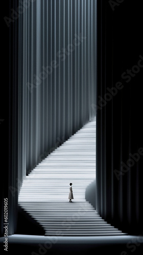 A woman is walking down a white staircase. AI generative