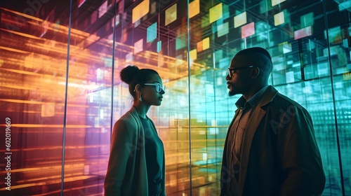 High-tech diverse group of professionals working in a futuristic environemnt, AI generated, 