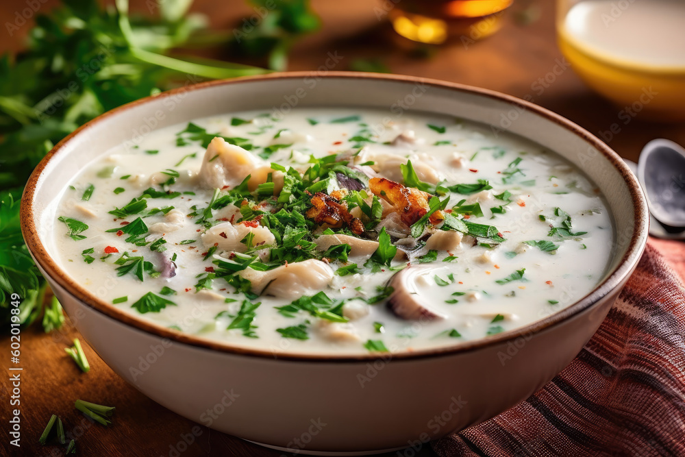 Bowl of creamy clam chowder with a sprinkle of chopped parsley