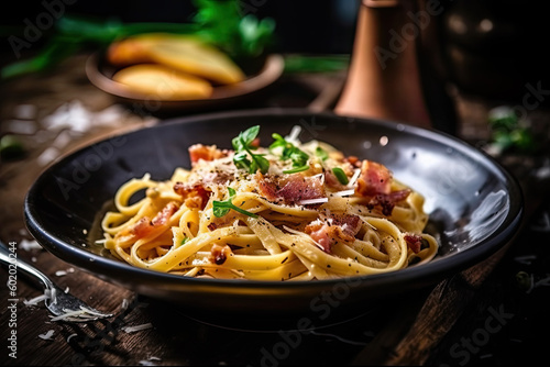 Rustic bowl of pasta carbonara with bacon, egg yolk, and parmesan cheese