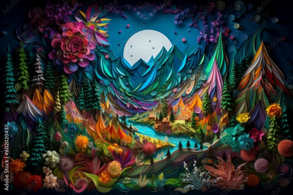 Paper landscape colorful moon night. Generate Ai
