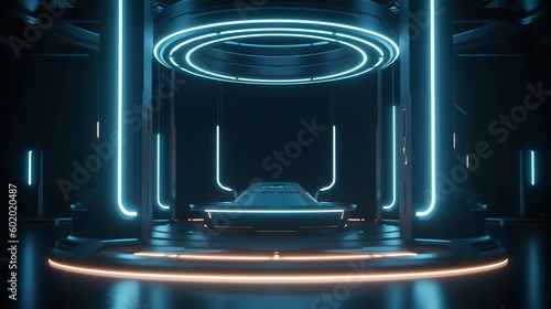 Futuristic Sci Fi Empty Stage with neon light. Modern Hall room display background for display products. 