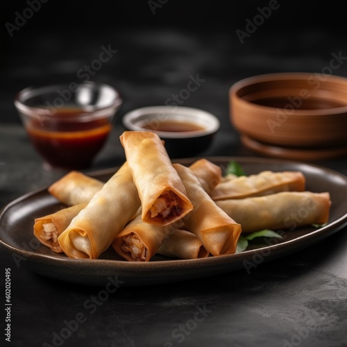 platter of spring rolls with dipping sauce on the side