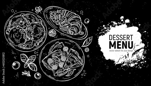 Set of desserts. Croissant with berries and pancakes for breakfast. Hand-drawn vector sketch.