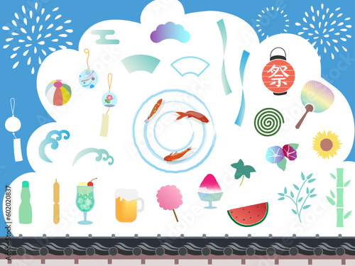 日本の夏のアイコン(祭、金魚、花火、植物、食べもの、涼、風物詩)セット　背景なしベクターイラスト photo
