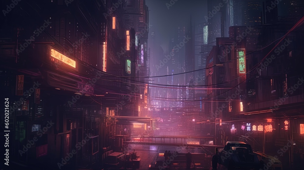 A cyberpunk night city. Fantasy concept , Illustration painting. Generative AI