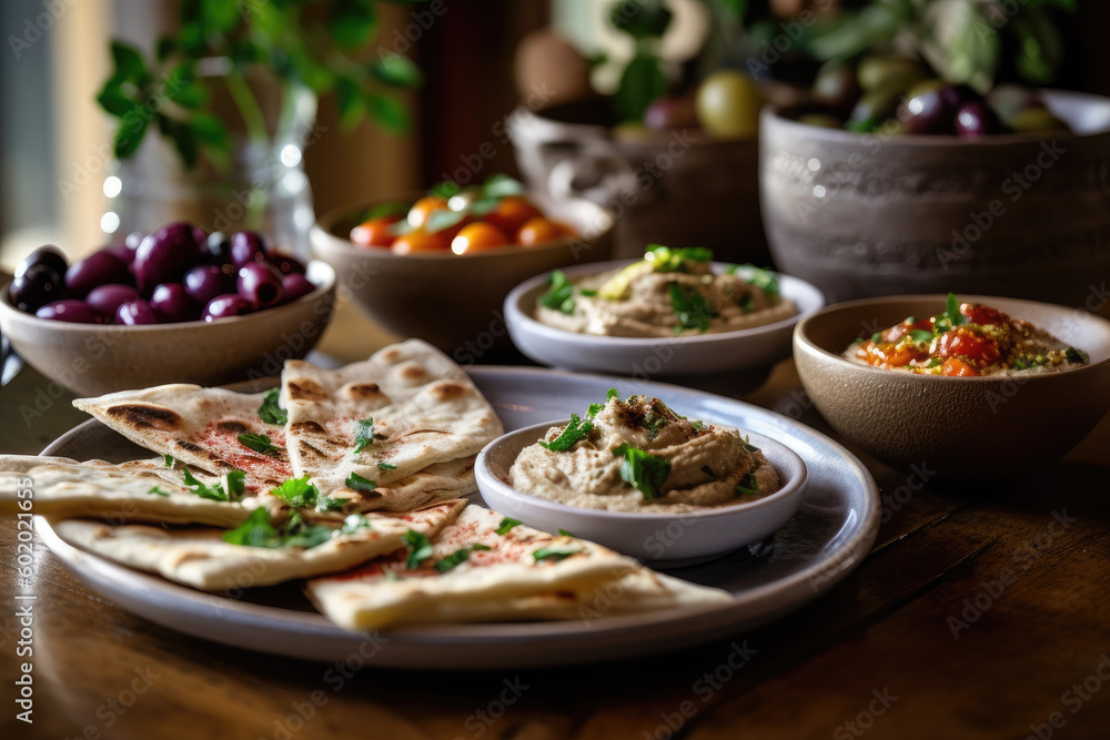 Mediterranean mezze with hummus, baba ghanoush, olives, and pita bread