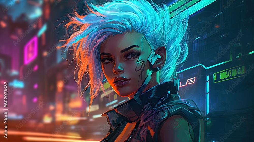 Fototapeta premium A cyberpunk elf with neon hair and glowing eyes. Fantasy concept , Illustration painting. Generative AI