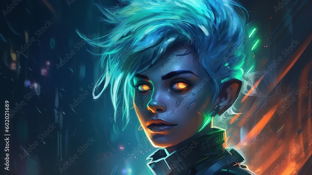 A cyberpunk elf with neon hair and glowing eyes. Fantasy concept , Illustration painting. 