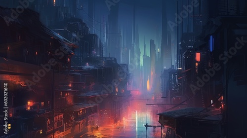 A cyberpunk night city. Fantasy concept , Illustration painting. Generative AI