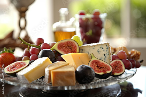Platter of gourmet cheese and fruit pairing with figs, grapes, and artisanal cheeses