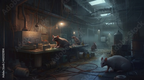 A dark  underground laboratory with genetically-modified rats. Fantasy concept   Illustration painting. Generative AI