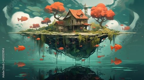 Slika na platnu A floating island with upside-down trees and flying fish
