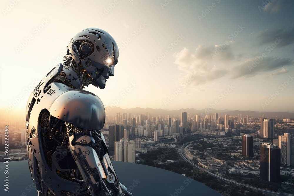 Robot ai city thinking. Generate Ai Robot ai city thinking. Generate Ai