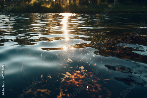 Lake, crisp radiant reflections, sunlight gleaming. AI generative