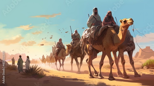 A group of travelers riding through a desert on camels. Fantasy concept   Illustration painting. Generative AI