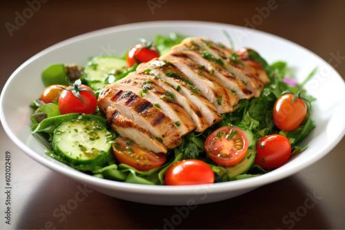 Vibrant salad with mixed greens, cherry tomatoes, sliced cucumbers, and grilled chicken