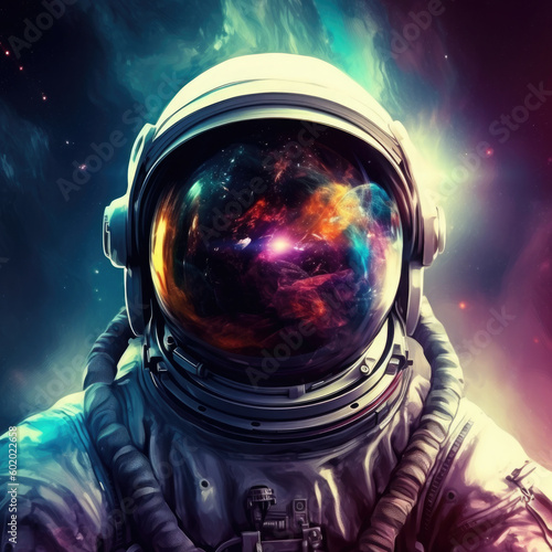 Astronaut on the background of a multi-colored nebula. Digital art. Generative AI.