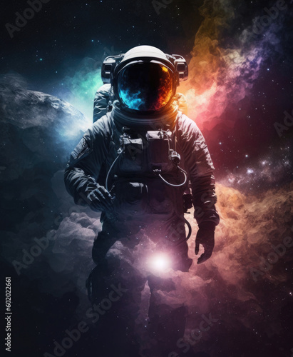 Astronaut on the background of a multi-colored nebula. Digital art. Generative AI.