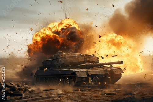 War tank explosion fire. Generate Ai photo