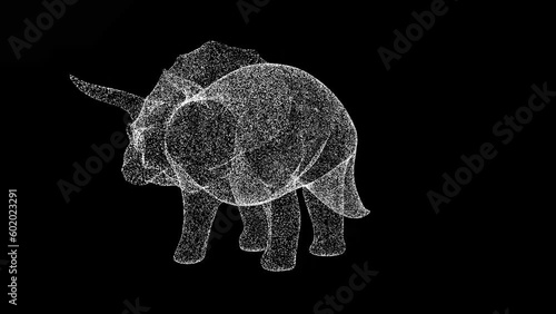 3D dinosaur Triceratops rotates on black background. Object made of shimmering particles. Wild animals concept. For title, text, presentation. 3d animation 60 FPS photo