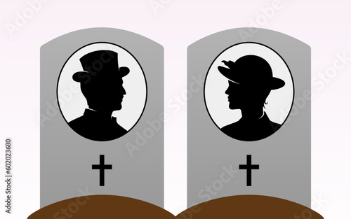 Victorian man and woman graves. Couple buried together on cemetery, vector illustration.