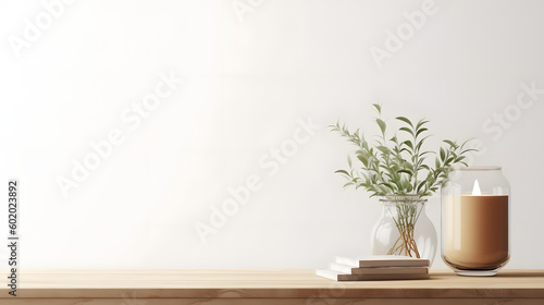 Traditional interior wall mockup with green twigs in vase and candle standing on light brown wooden table on empty white background.