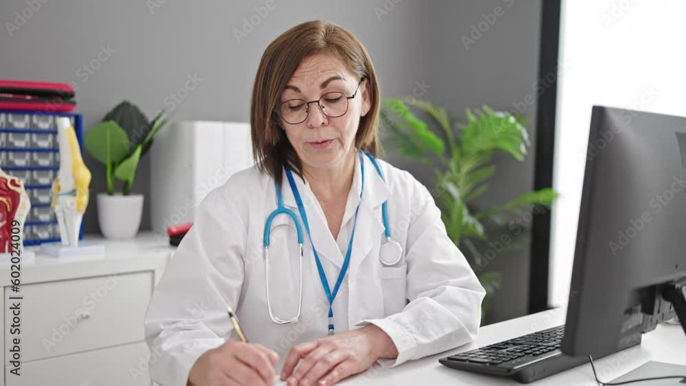 Middle age hispanic woman doctor using computer writing on clipboard at clinic Middle age hispanic woman doctor using computer writing on clipboard at clinic