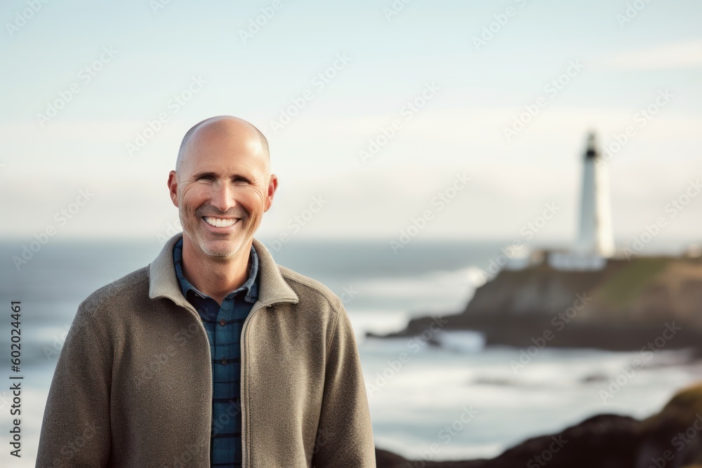 Portrait of smiling middle aged man standing by the lighthouse at the beach Portrait of smiling middle aged man standing by the lighthouse at the beach