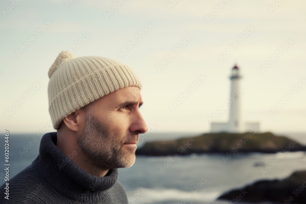 Portrait of a handsome young man in a knitted hat against the background of a lighthouse Portrait of a handsome young man in a knitted hat against the background of a lighthouse