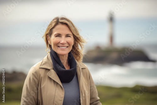 Portrait of smiling woman standing in front of lighthouse on the coast © Robert MEYNER