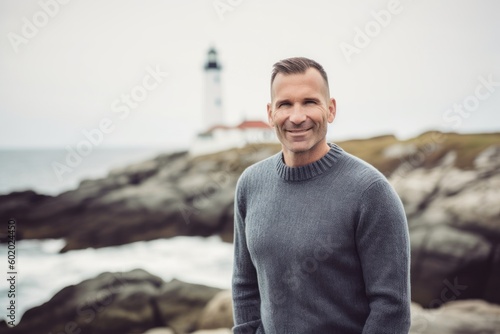 Portrait of a handsome man standing at the beach with a lighthouse in the background