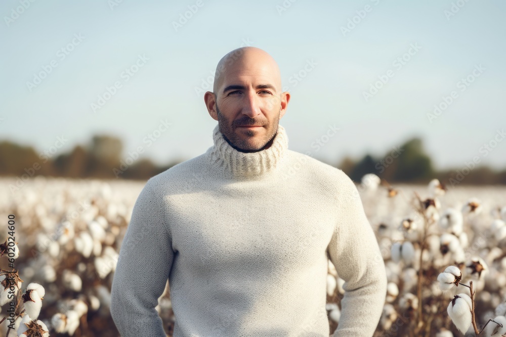 Portrait of a handsome bald man in a white sweater on a cotton field. Portrait of a handsome bald man in a white sweater on a cotton field.