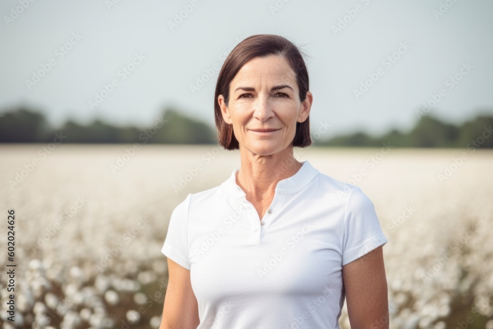 Portrait of smiling mature woman standing in cotton field on sunny day Portrait of smiling mature woman standing in cotton field on sunny day