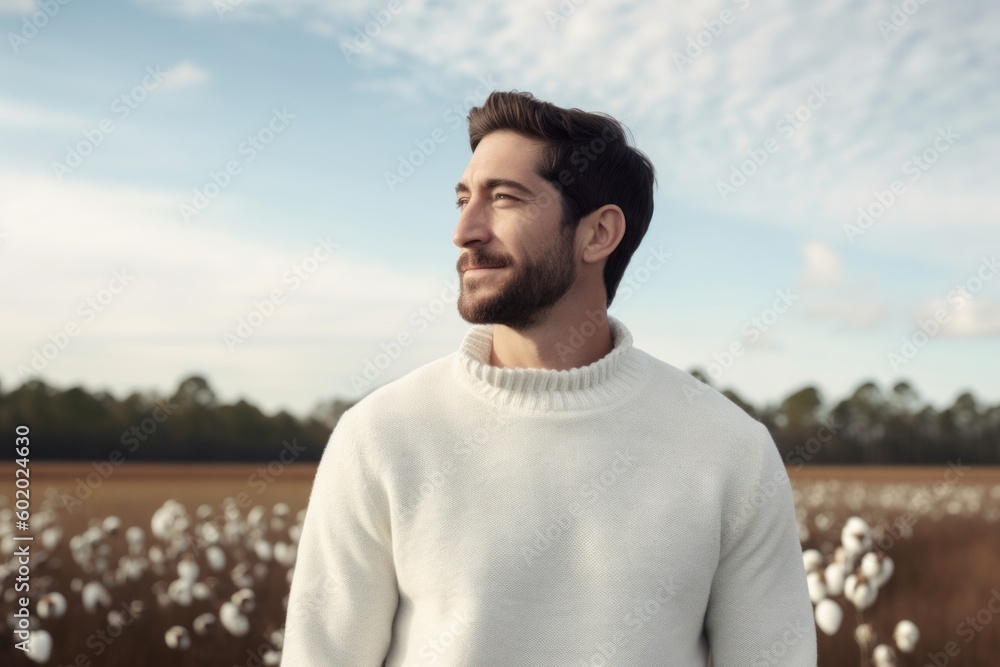 Handsome young man in white sweater standing in field and looking away Handsome young man in white sweater standing in field and looking away