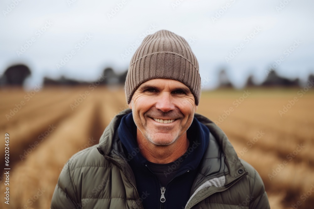 Portrait of a smiling man standing in a wheat field in winter Portrait of a smiling man standing in a wheat field in winter